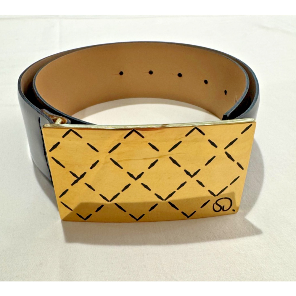 Vtg ST JOHN Lg Rectangle Gold Quilted Design Buckle Black Leather Belt Italy S